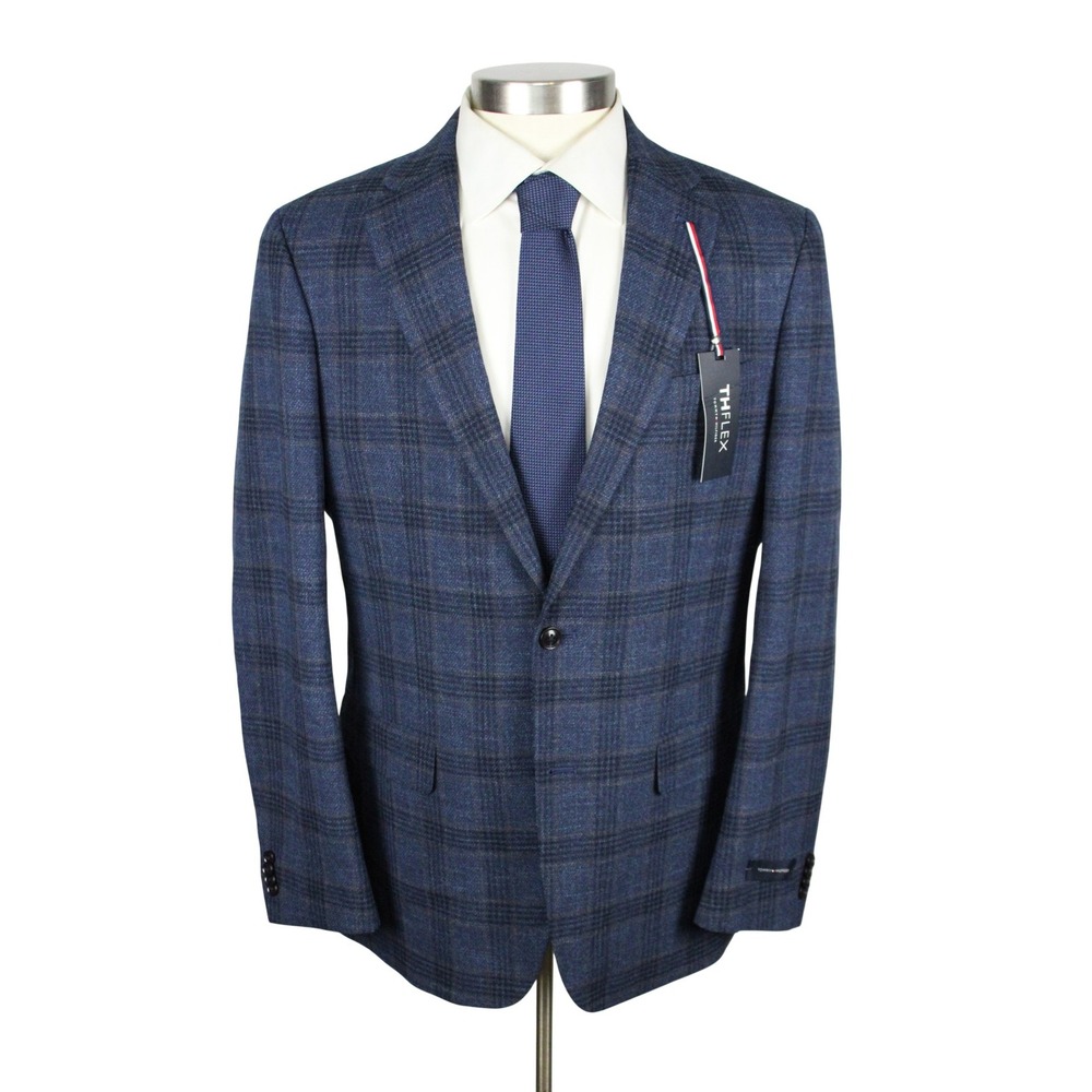 Tommy Hilfiger Conrad Sport Coat Mens 38 R Navy Brown Plaid Flex Stretch Blazer